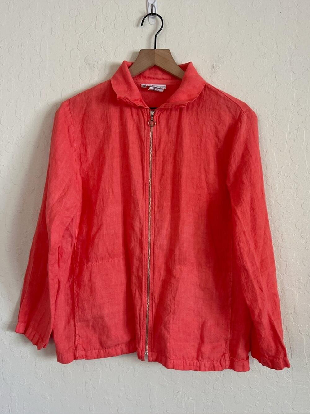 Hot Cotton 100% Linen Lightweight Long Sleeve Zip Front Jacket Small Coral